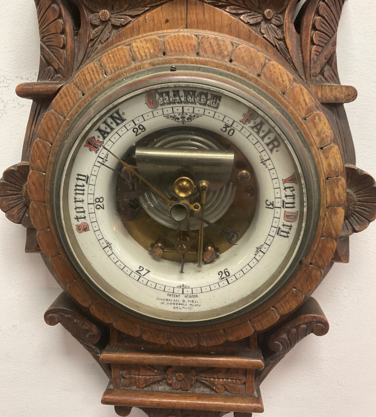 Antique carved oak barometer by Sharman  D Neil belfast - Image 2