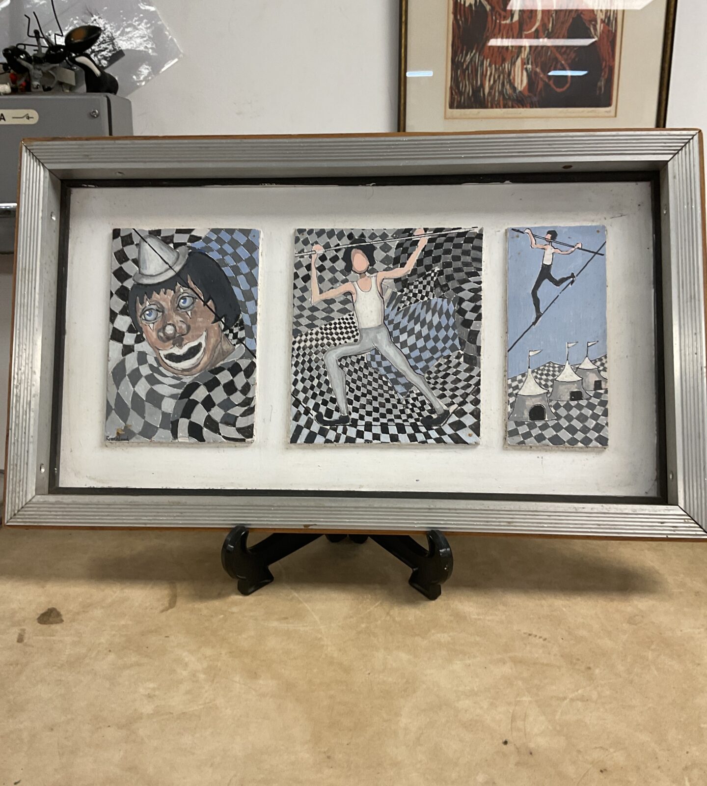 ron wood surrealist oil painting of a circus clown and high wire artist