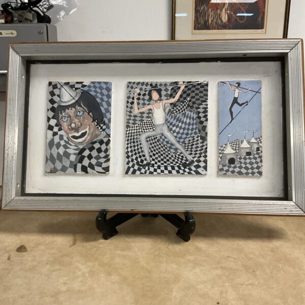 ron wood surrealist oil painting of a circus clown and high wire artist