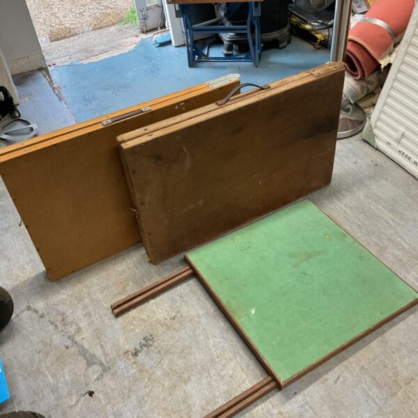 Vintage pasting tables and folding card table for crafting.