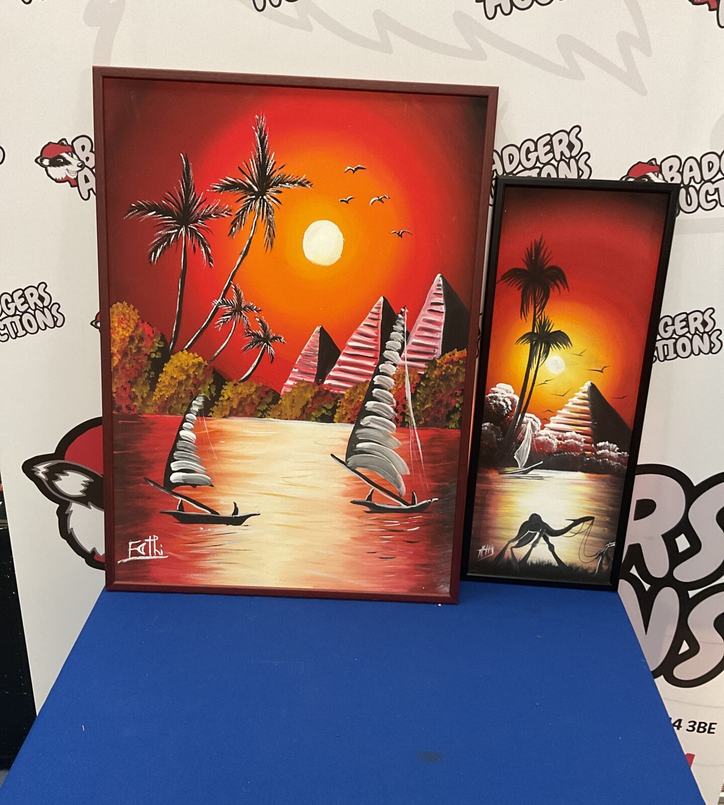 Two Egyptian scene pyramids and river boats  oil paintings