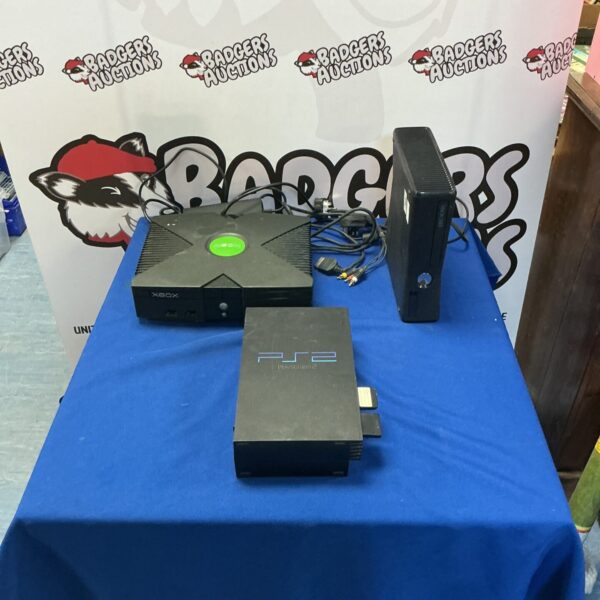 Xbox, Xbox One, and PlayStation 2 consoles (one missing power cord)