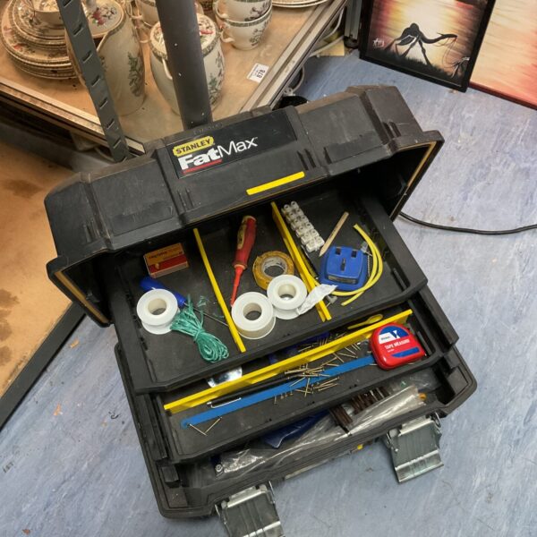 Used Stanley Fatmax toolbox filled with various tools for DIY projects.