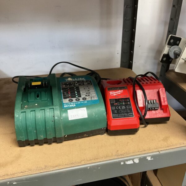 Used Makita and Milwaukee battery chargers for power tools.