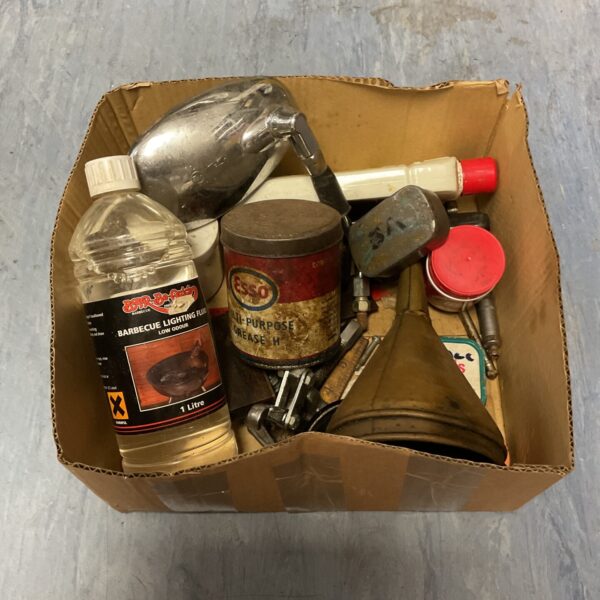 Vintage esso grease can, chrome bike mirror & other tools