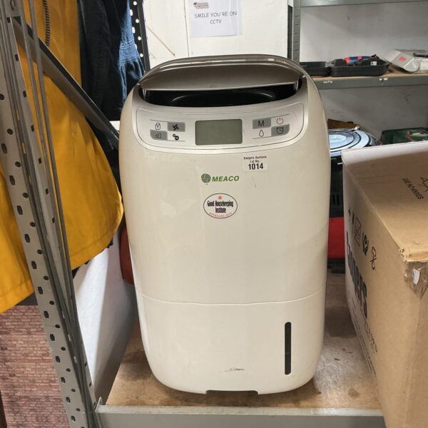 Front view of a white Meaco dehumidifier appliance.
