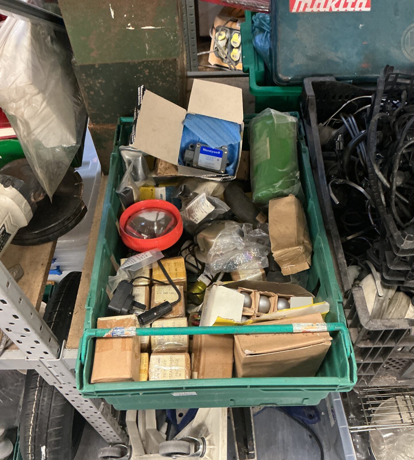 Box of ,iced military vehicle spare parts incl. lights, Honeywell micro switch