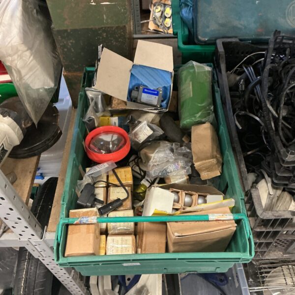 Box of ,iced military vehicle spare parts incl. lights, Honeywell micro switch
