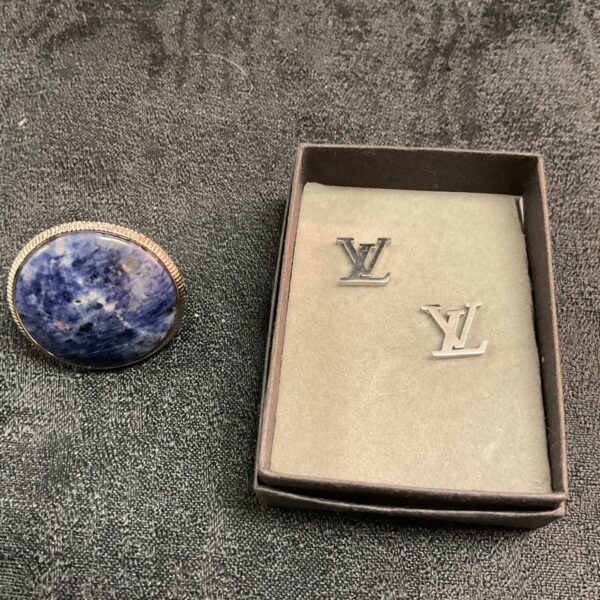 Karen Millen Large Gemstone Ring size P and pair of L V Stud Earrings