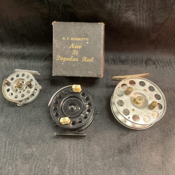 K P Morris’s New 3 1/2 “ Popular centre pin reel with box and two alloy reels