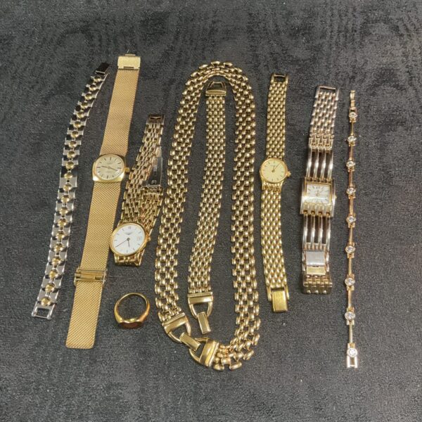 Vintage gold plated watch lot with Longines and jewellery.