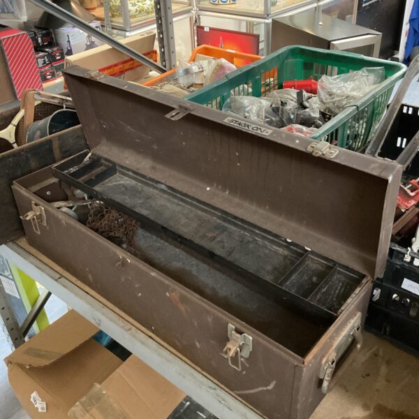 Vintage Stack On tool box filled with various tools.