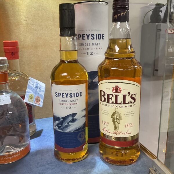 70cl bottle of speyside single malt whiskey and 1ltr Bells Blended scotch whiskey
