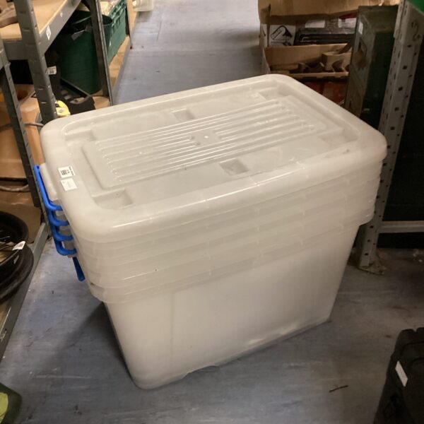 Large clear plastic storage tub for household organisation.