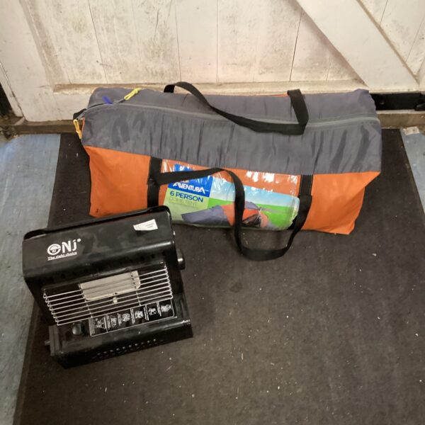 Camping heater and Adventura tent bundle for outdoor adventures.