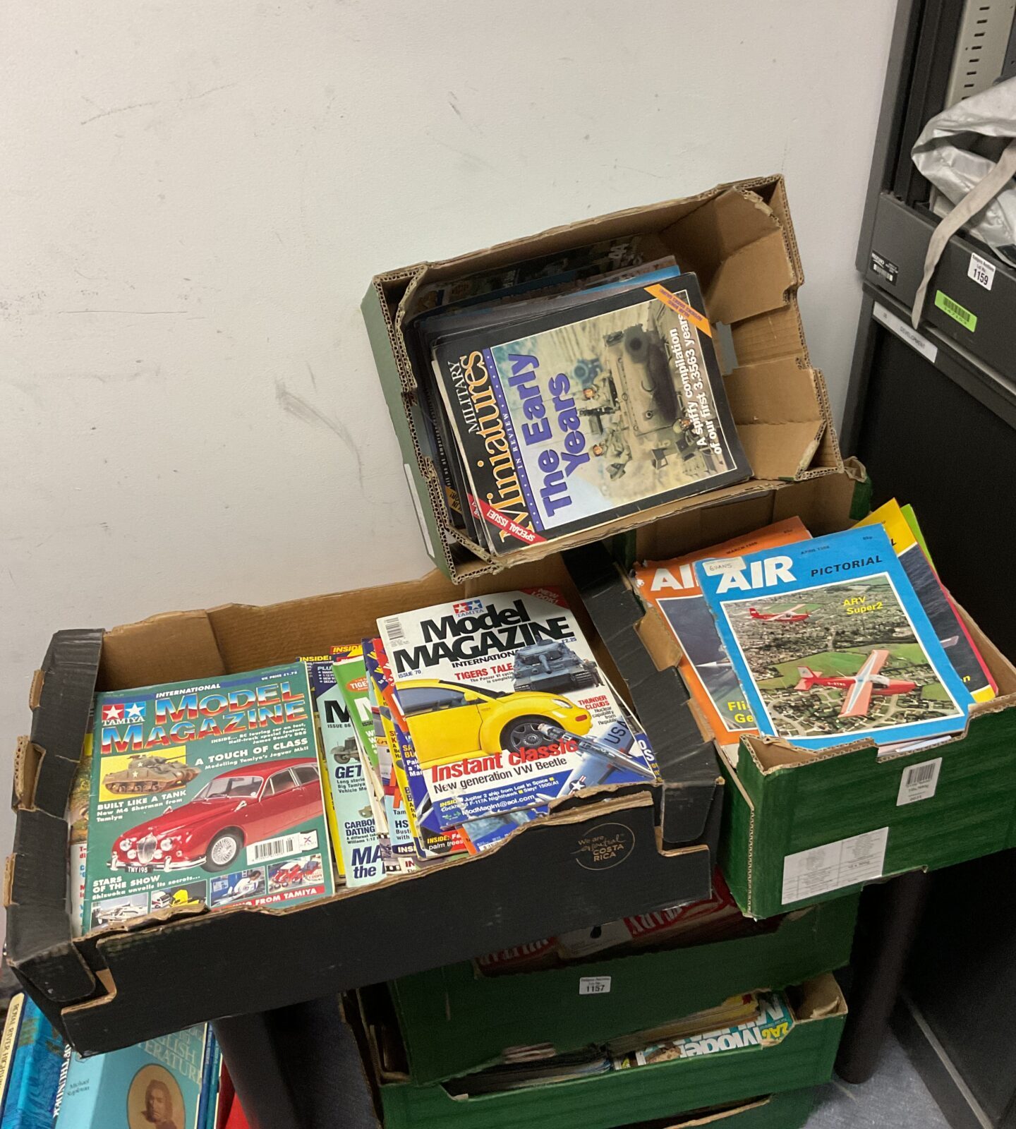 Three boxes of tamiya model magazine, military miniatures & air pictorial magazines