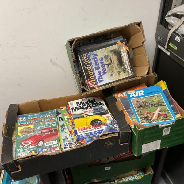 Three boxes of tamiya model magazine, military miniatures & air pictorial magazines