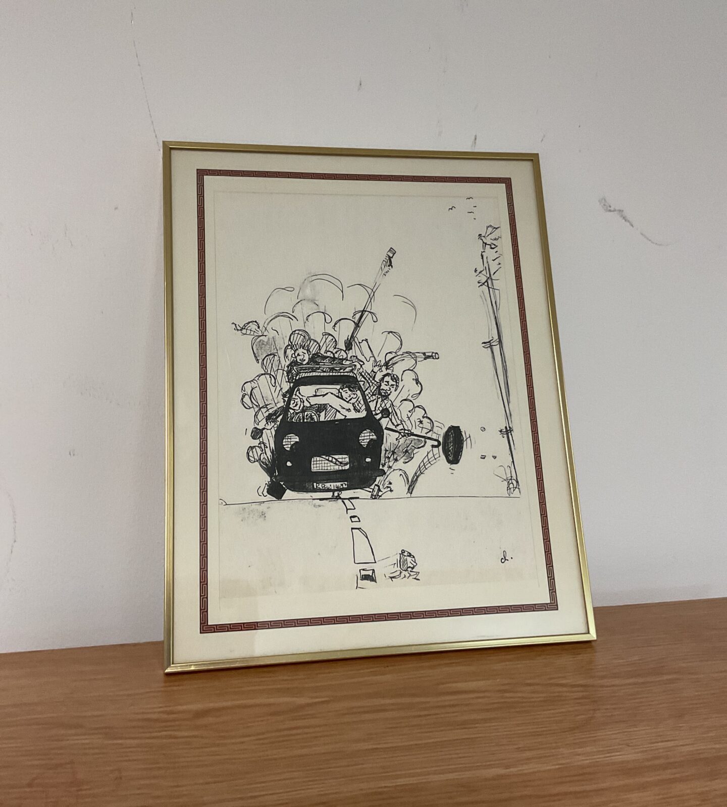 Original pen & ink cartoon drawing of a car breaking down