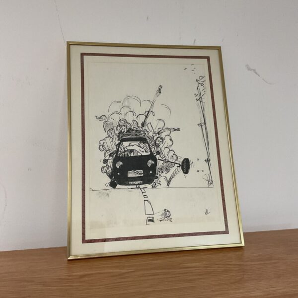 Original pen & ink cartoon drawing of a car breaking down