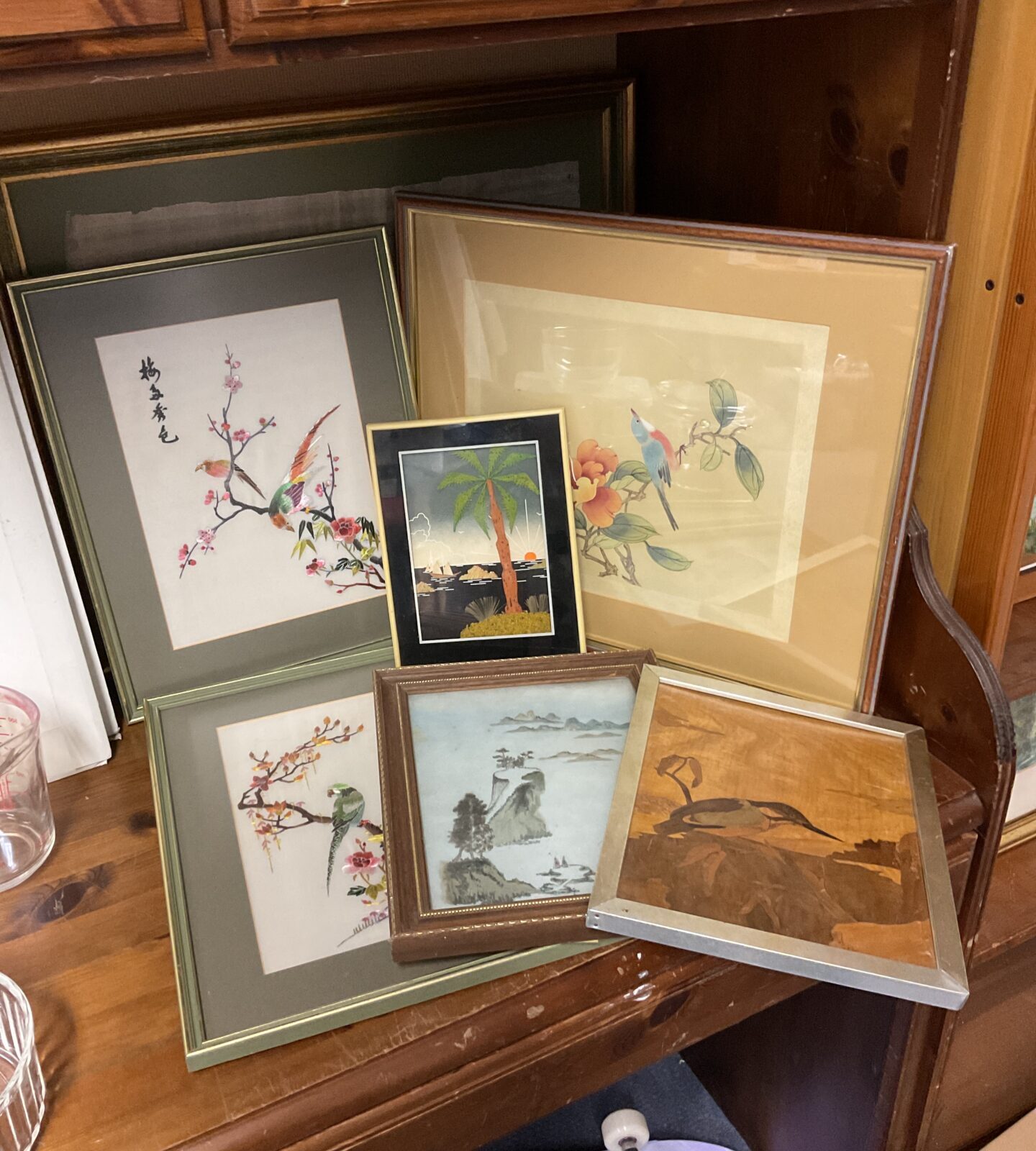 Collection of oriental artwork including silks & marquetry panel