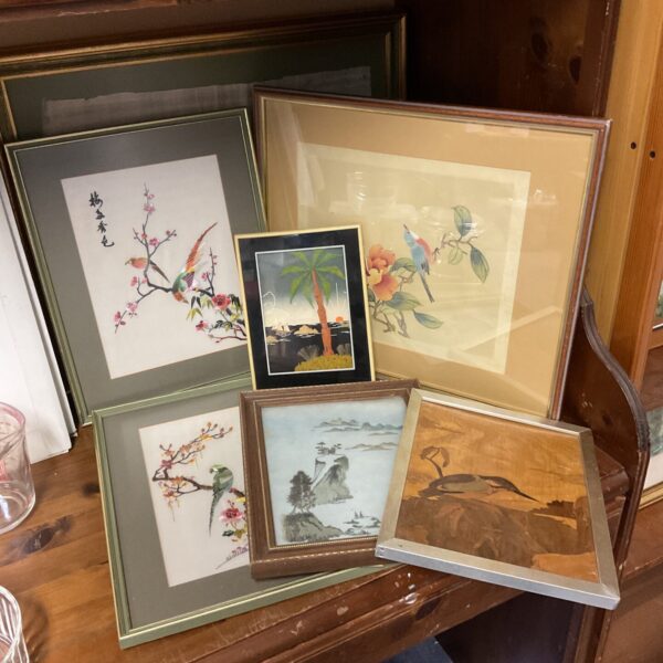 Collection of oriental artwork including silks & marquetry panel