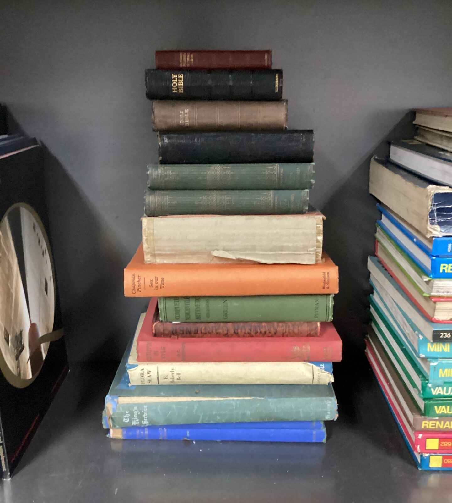 Selection of antique & vintage books inc three holy bibles, chapman pintcher & flora shaw