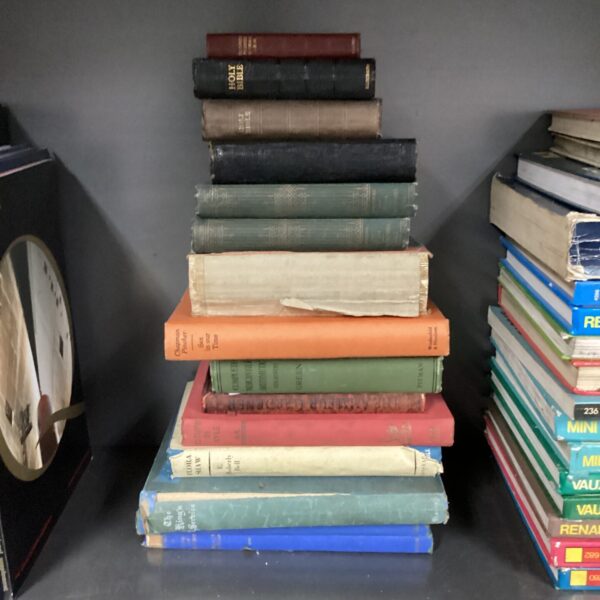 Selection of antique & vintage books inc three holy bibles, chapman pintcher & flora shaw