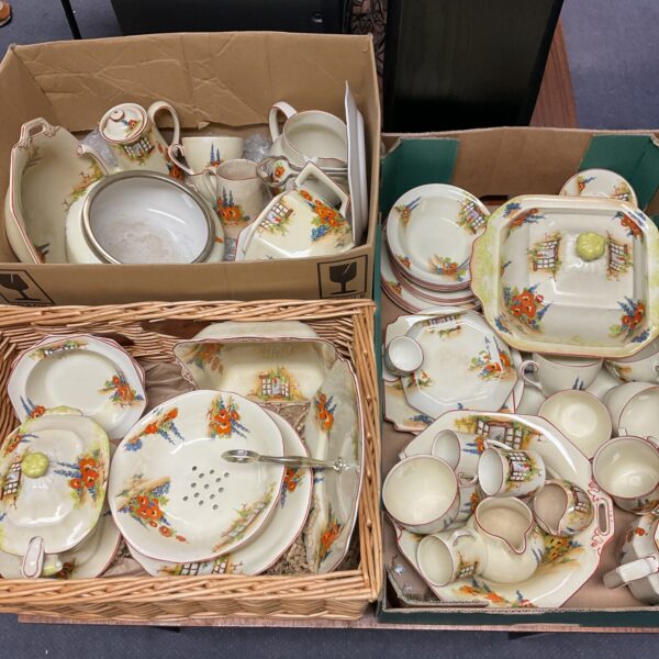 Three boxes of leighton pottery old window cottage china