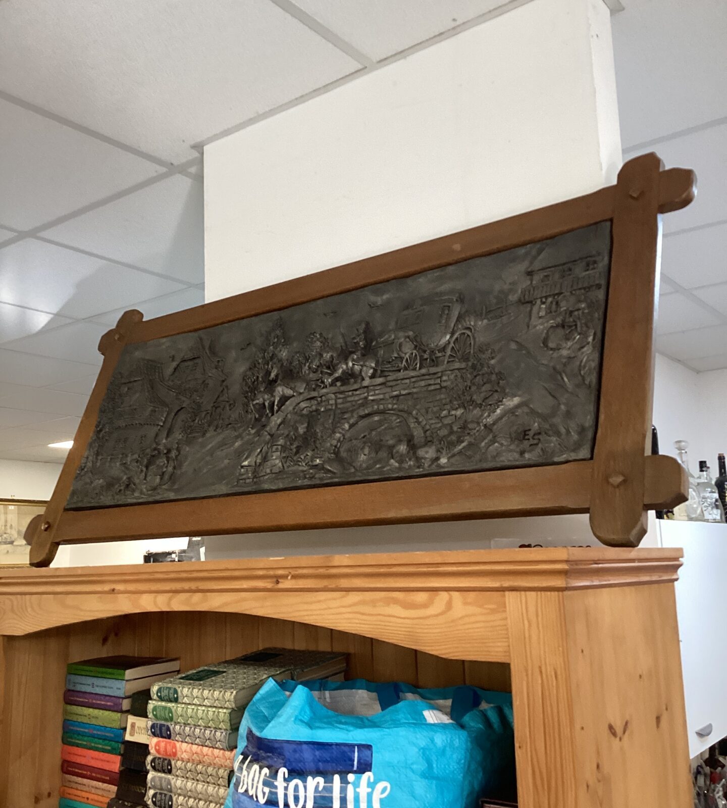 Mid century west German zinn pewter coaching scene panel