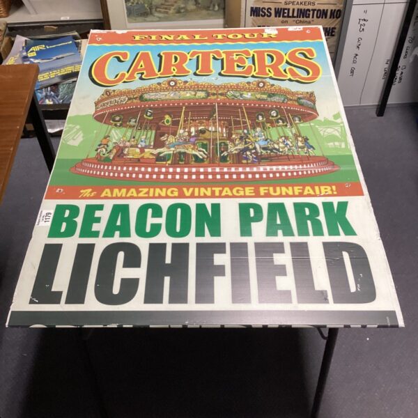 Colourful vintage Carter's Funfair advertising board, a collectible sign.