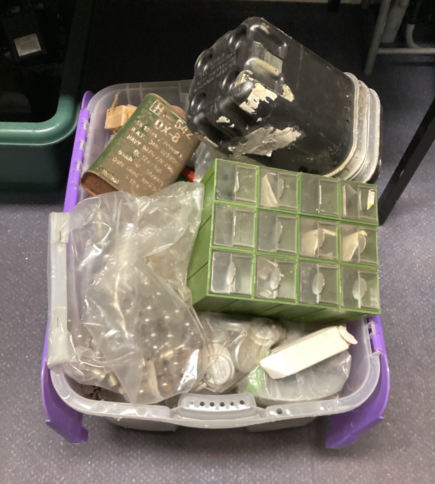 Large crate of military spare parts & electrical components