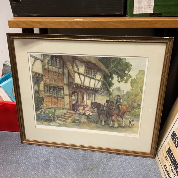 Framed Gil Sturgeon print of a country family with shire horses.