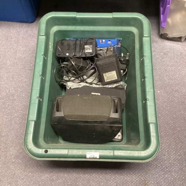 Box of mixed audio component soeakers inc technics & aiwa with small in car amp