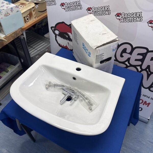 Roca Inca 62cm monobloc basin with mixer tap, tails & Inca semi pedestal - never been fitted