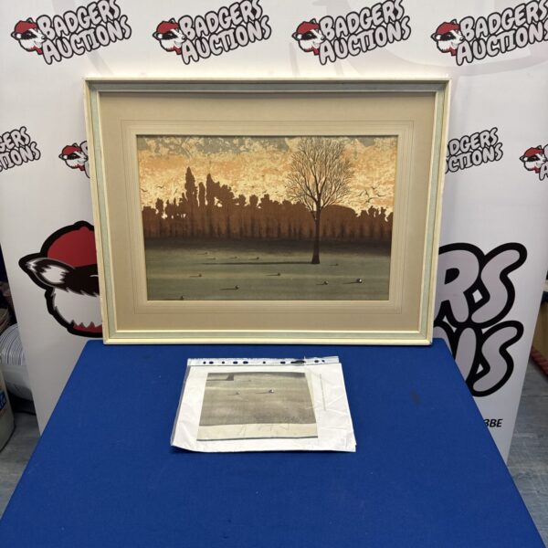 Signed Xavier Degans surrealist lithograph depicting an abstract landscape.