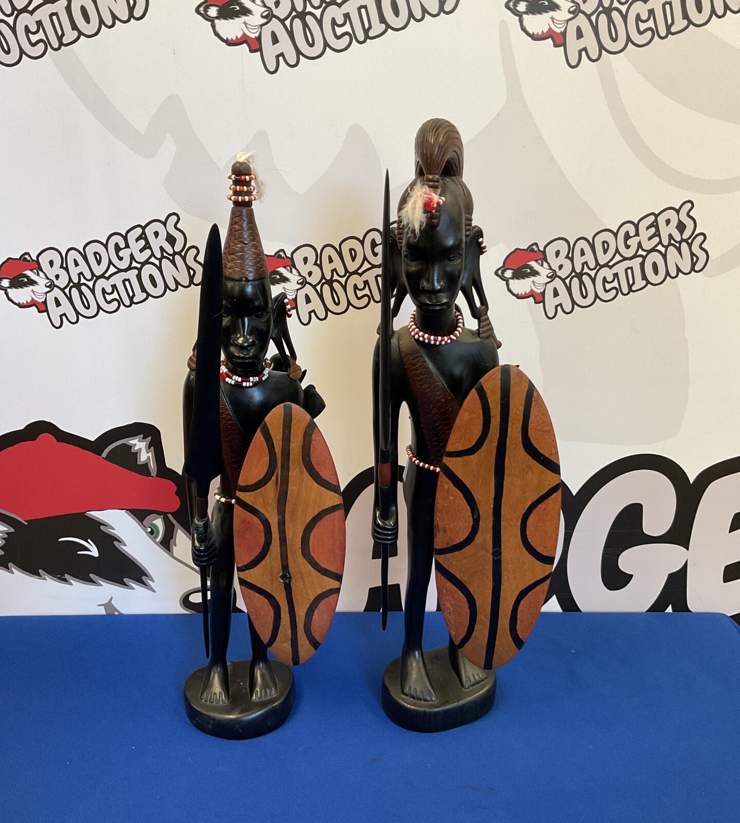 Pair of african hardwood Maasai warriors with spears & shields