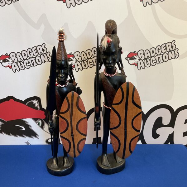 Pair of african hardwood Maasai warriors with spears & shields