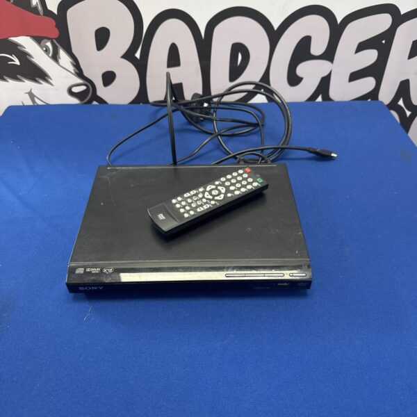 Black Sony DVD player with remote control displayed.