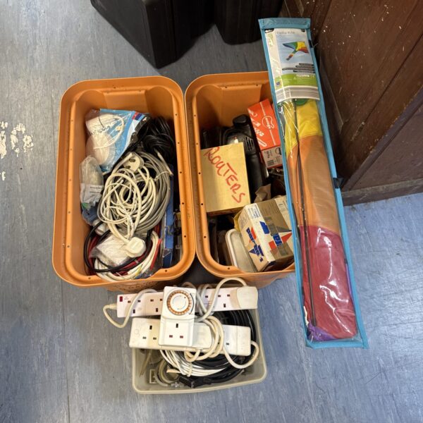 Three boxes of garage clearance items inc timers, cables, tools & a kite