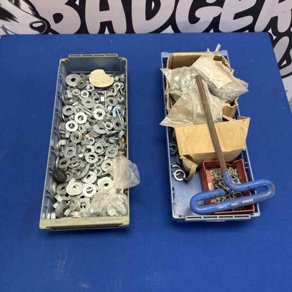Two trays of shed clearance items inc nuts, washers & tacks