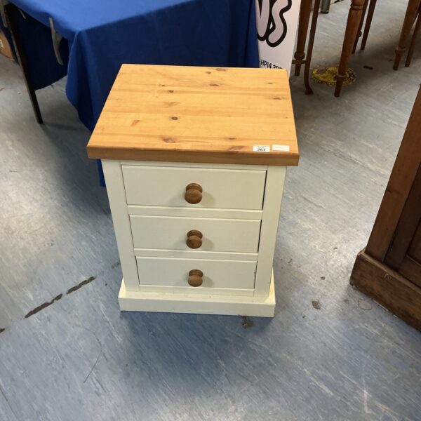 Painted pine bedside cabinet with three drawers, vintage bedroom furniture.