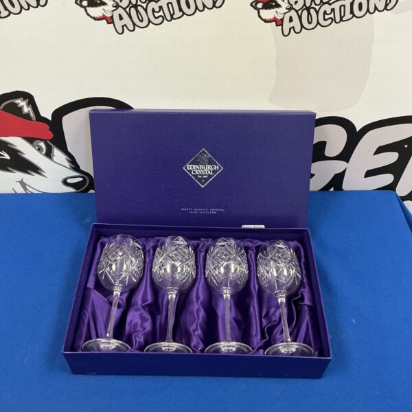 Edinburgh Crystal wine glasses in original preparation box.