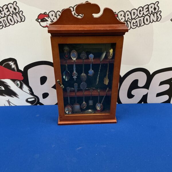 Vintage silver plated tea spoon display case with glass front.