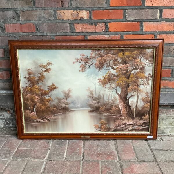Vintage woodland river oil painting by Cafieri, serene landscape art.