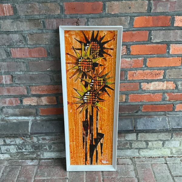 Signed Ruttell sunflower painting in mid-century modern style.