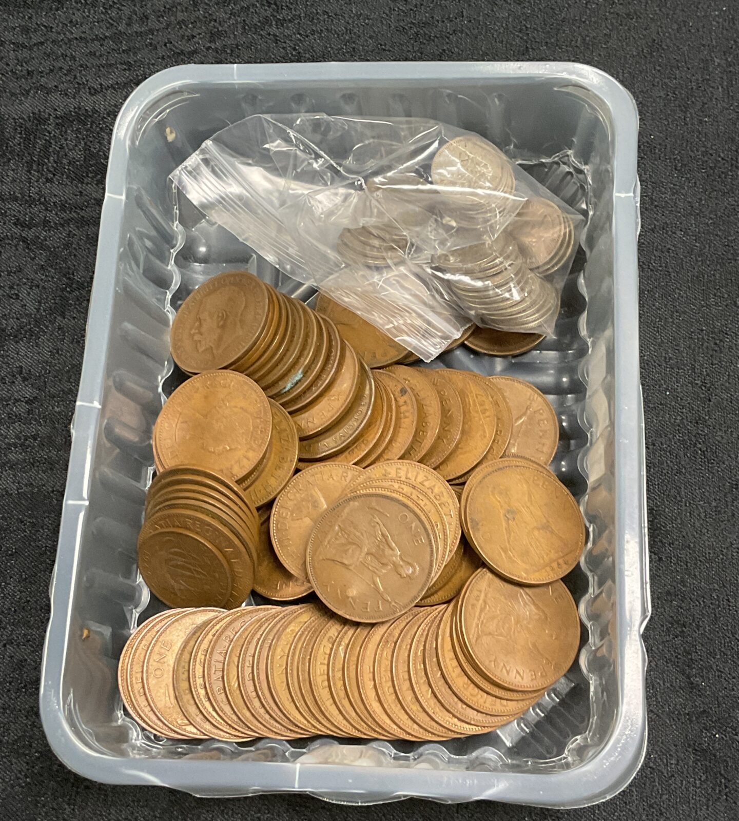 Tub of old coins pennies and bag of sixpences