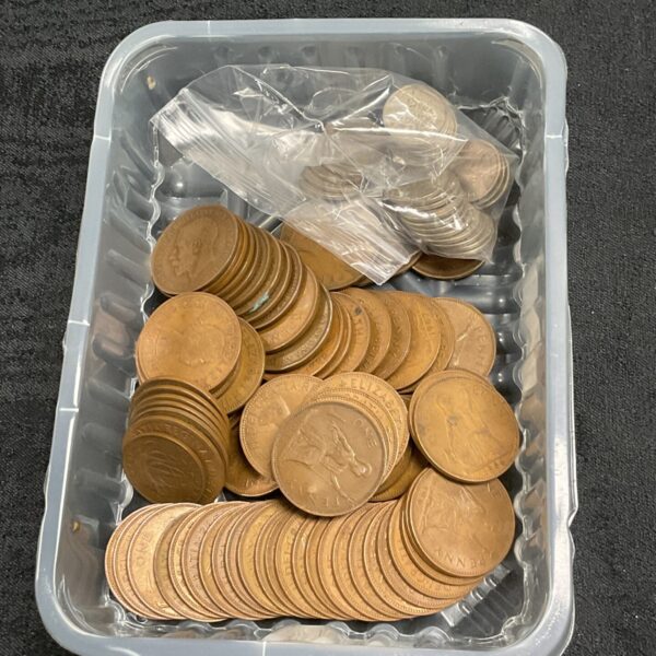 Tub of old coins pennies and bag of sixpences
