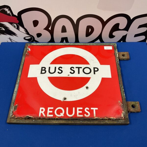 Vintage double sided enamel bus stop sign in bronze frame