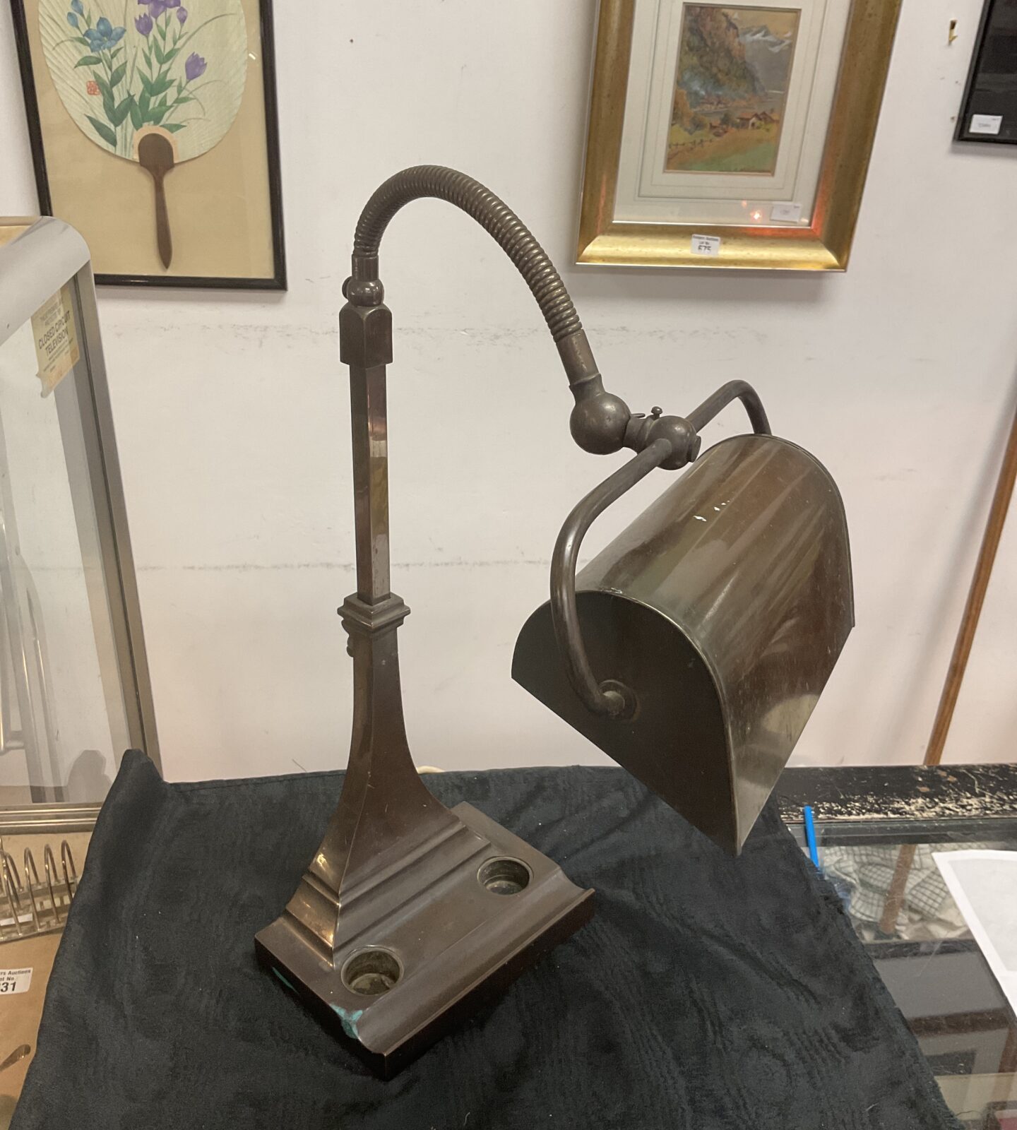 Vintage bronze swan neck bankers lamp with Ink well and pen tray base 22” high approx