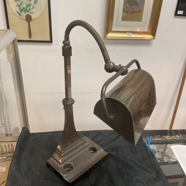 Vintage bronze swan neck bankers lamp with Ink well and pen tray base 22” high approx